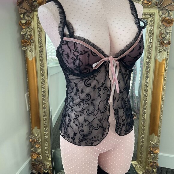 Y2K rampage Sheer Lace Tie Front Ruffle Trim Croset Top Sleeveless Size S Black - Picture 2 of 4